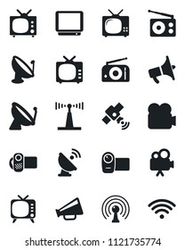 Set of vector isolated black icon - satellite antenna vector, radio, loudspeaker, tv, video camera, wireless