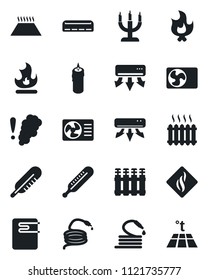 Set of vector isolated black icon - fire vector, hose, thermometer, heater, air conditioner, candle, water, smoke detector, radiator, warm floor