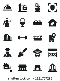 Set of vector isolated black icon - reception bell vector, trowel, seedling, garden sprayer, barbell, mobile tracking, face id, smart home, flower in pot, crane, cook, egg stand, cafe building