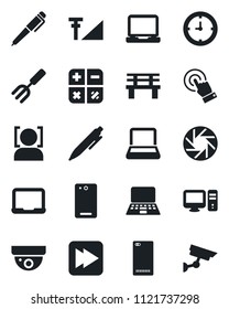Set of vector isolated black icon - calculator vector, pen, notebook pc, garden fork, bench, clock, touch screen, laptop, fast forward, phone back, mobile camera, face id, cellular signal