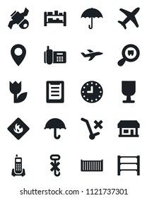 Set of vector isolated black icon - pin vector, store, plane, satellite, office phone, cargo container, clock, clipboard, fragile, umbrella, no trolley, hook, tulip, flammable, search, rack