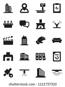 Set of vector isolated black icon - office building vector, document reload, glove, pulse clipboard, navigation, satellite, heavy scales, clapboard, dialog, paper binder, meeting, fireplace