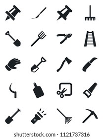 Set of vector isolated black icon - drawing pin vector, job, shovel, farm fork, rake, ladder, pruner, glove, saw, sickle, garden knife, axe, scalpel, torch, cut, cutting board, hard work