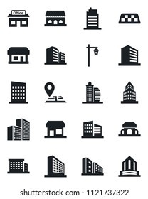 Set of vector isolated black icon - taxi vector, office building, garden light, navigation, store, city house, cafe, storefront