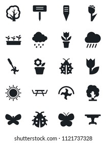 Set of vector isolated black icon - sun vector, flower in pot, ripper, tree, butterfly, lady bug, seedling, rain, plant label, picnic table, tulip