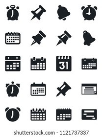 Set of vector isolated black icon - alarm clock vector, drawing pin, calendar, term, paper, bell, schedule