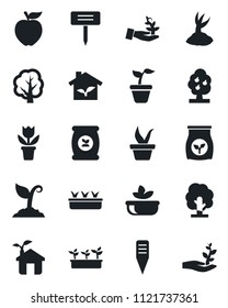 Set of vector isolated black icon - flower in pot vector, seedling, tree, sproute, plant label, fertilizer, fruit, salad, apple, eco house, palm