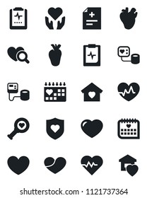 Set of vector isolated black icon - heart vector, pulse, diagnosis, blood pressure, diagnostic, shield, hand, real, medical calendar, clipboard, sweet home