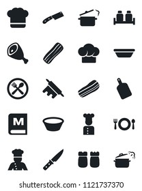 Set of vector isolated black icon - cook vector, cafe, hat, menu, bacon, salt and pepper, ham, bowl, rolling pin, cutting board, knife, steaming pan