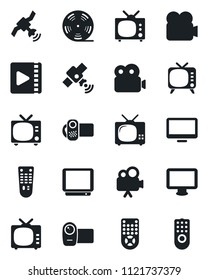 Set of vector isolated black icon - tv vector, reel, satellite, video camera, remote control, monitor