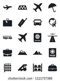 Set of vector isolated black icon - plane vector, runway, taxi, suitcase, airport bus, umbrella, passport, ladder car, seat map, luggage storage, globe, mountains, case