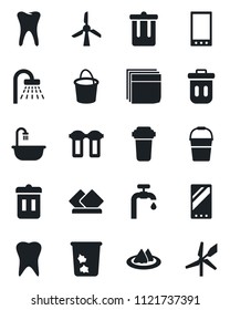 Set of vector isolated black icon - trash bin vector, shower, bucket, tooth, mobile, blank box, water supply, bathroom, serviette, filter, windmill