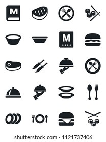 Set of vector isolated black icon - spoon and fork vector, dish, cafe, menu, plates, waiter, steak, kebab, hamburger, bowl, sushi