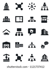 Set of vector isolated black icon - hierarchy vector, well, molecule, hospital, office building, garage, plan, home message