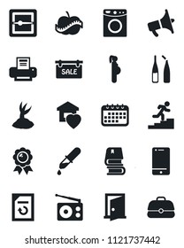Set of vector isolated black icon - medal vector, document reload, sproute, dropper, ampoule, diet, pregnancy, radio, loudspeaker, cell phone, scanner, printer, career ladder, book, sale, sweet home