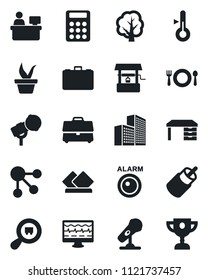 Set of vector isolated black icon - case vector, desk, manager place, seedling, tree, well, monitor pulse, search cargo, microphone, rca, office building, calculator, cafe, serviette, thermometer