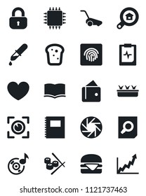 Set of vector isolated black icon - book vector, document search, lawn mower, seedling, heart, dropper, pulse clipboard, mobile camera, fingerprint id, music, copybook, estate, lock, bread, sushi