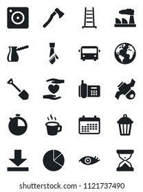 Set of vector isolated black icon - airport bus vector, job, factory, ladder, axe, garden light, heart hand, eye, earth, satellite, office phone, mobile camera, stopwatch, download, coffee, tie