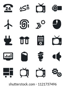 Set of vector isolated black icon - tv vector, mouse, 24 hours, consolidated cargo, route, speaker, video camera, battery, monitor statistics, power plug, remote control, water filter, sun panel