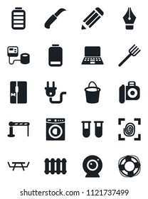 Set of vector isolated black icon - barrier vector, notebook pc, pencil, farm fork, bucket, garden knife, picnic table, blood pressure, test vial, camera, battery, low, ink pen, washer, fridge, web
