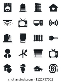 Set of vector isolated black icon - office building vector, tv, house with garage, estate agent, key, sweet home, city, wireless, pc, washer, radiator, energy saving bulb, jalousie, windmill