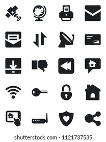 Set of vector isolated black icon - satellite antenna vector, globe, printer, house, heart shield, finger down, mail, rewind, data exchange, download, wireless, lock, key, router, home control app