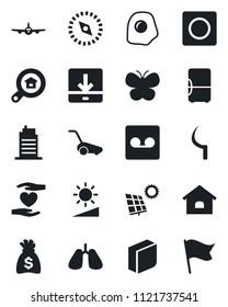 Set of vector isolated black icon - plane vector, money bag, lawn mower, butterfly, sickle, heart hand, lungs, record, download, brightness, compass, blank box, house, sun panel, estate search, city