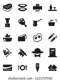 Set of vector isolated black icon - plant label vector, cook, alcohol, restaurant table, cafe, salad, plates, vip zone, dress code, credit card, steak, kebab, ham, rolling pin, steaming pan, sushi