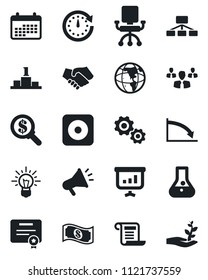 Set of vector isolated black icon - rec button vector, group, gear, handshake, clock, earth, crisis, office chair, money search, idea, calendar, flask, cash, hierarchy, certificate, advertising