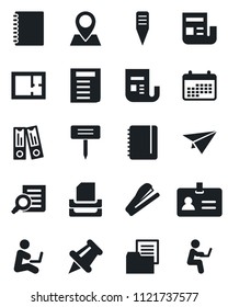 Set of vector isolated black icon - identity vector, office binder, document search, notepad, plant label, pin, folder, news, paper, copybook, tray, stapler, plan, calendar, plane, man with notebook