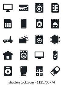 Set of vector isolated black icon - washer vector, calculator, monitor, speaker, phone back, sim, smart home, credit card, chip, remote control, router, usb flash