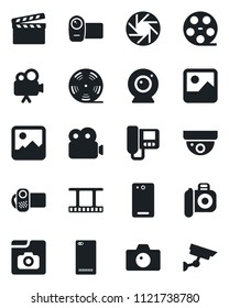 Set of vector isolated black icon - camera vector, clapboard, film frame, reel, video, phone back, mobile, gallery, photo, web, intercome, surveillance