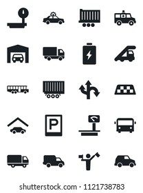 Set of vector isolated black icon - dispatcher vector, taxi, airport bus, parking, alarm car, ladder, ambulance, route, truck trailer, delivery, heavy scales, garage, battery