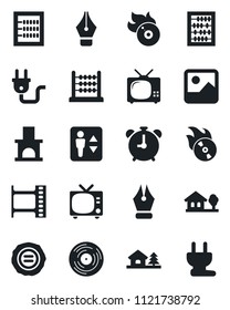 Set of vector isolated black icon - elevator vector, alarm clock, tv, abacus, stamp, fireplace, film frame, vinyl, flame disk, gallery, ink pen, house with tree, power plug