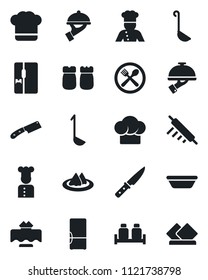Set of vector isolated black icon - fridge vector, cook, restaurant table, serviette, cafe, hat, waiter, salt and pepper, ladle, bowl, rolling pin, knife