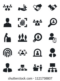 Set of vector isolated black icon - passport control vector, baby room, reception, handshake, pedestal, team, patient, client, user, fingerprint id, hr, search, estate agent, consumer, group