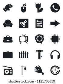 Set of vector isolated black icon - phone vector, right arrow, case, abacus, mouse, tie, stamp, fence, glove, garden light, tulip, radio, tv, headphones, cut, cushioned furniture, ham, chip, clock