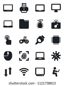 Set of vector isolated black icon - bomb in case vector, mouse, notebook pc, printer, virus, gamepad, tv, touch screen, monitor, laptop, hdmi, folder, data exchange, wireless, chip, fingerprint