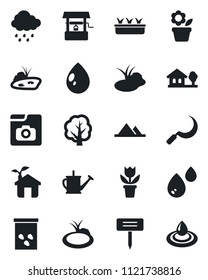 Set of vector isolated black icon - flower in pot vector, tree, watering can, seedling, water drop, rain, well, sickle, plant label, seeds, pond, photo gallery, house with, mountains, eco