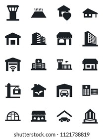 Set of vector isolated black icon - airport tower vector, shop, building, office, greenhouse, hospital, store, warehouse, house with garage, sweet home, crane, cafe, eco, warm floor, gate control