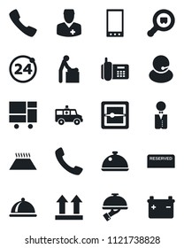 Set of vector isolated black icon - 24 around vector, baby room, ambulance car, doctor, office phone, support, consolidated cargo, up side sign, search, mobile, call, scanner, waiter, dish, reserved