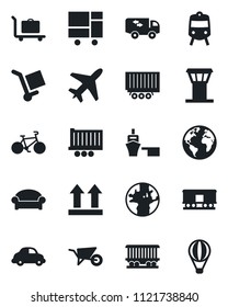 Set of vector isolated black icon - plane vector, airport tower, baggage trolley, train, waiting area, wheelbarrow, bike, earth, railroad, truck trailer, car delivery, sea port, consolidated cargo