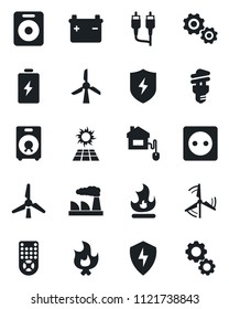 Set of vector isolated black icon - factory vector, fire, remote control, speaker, rca, protect, windmill, home, socket, energy saving bulb, sun panel, battery, gear