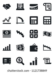 Set of vector isolated black icon - safe vector, growth statistic, calculator, abacus, crisis graph, cash, bar, point, credit card, handshake, wallet, money search, contract
