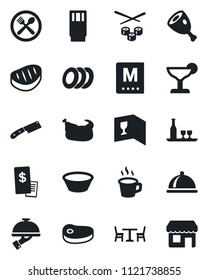 Set of vector isolated black icon - cafe vector, coffee, dish, alcohol, wine card, menu, drink, cocktail, plates, waiter, restaurant receipt, chicken, steak, ham, bowl, knife, sushi, storefront