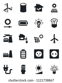 Set of vector isolated black icon - factory vector, oil barrel, battery, brightness, sun panel, windmill, home control, eco house, socket, power plug, bulb, energy saving, idea