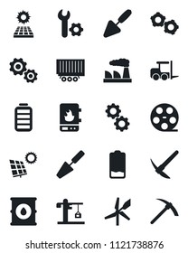 Set of vector isolated black icon - fork loader vector, gear, factory, trowel, truck trailer, oil barrel, reel, battery, low, root setup, sun panel, crane, water heater, windmill, hard work