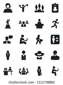 Set of vector isolated black icon - dispatcher vector, elevator, reception, manager, pedestal, team, run, support, speaker, desk, meeting, waiter, dress code, pass card, man with notebook