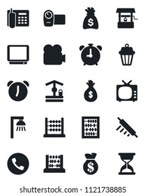 Set of vector isolated black icon - alarm clock vector, phone, abacus, money bag, well, tv, video camera, office, rolling pin, outdoor lamp, sand