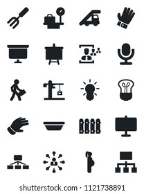 Set of vector isolated black icon - ladder car vector, luggage scales, hierarchy, presentation board, garden fork, glove, pregnancy, microphone, hr, manager, fence, crane, bowl, bulb